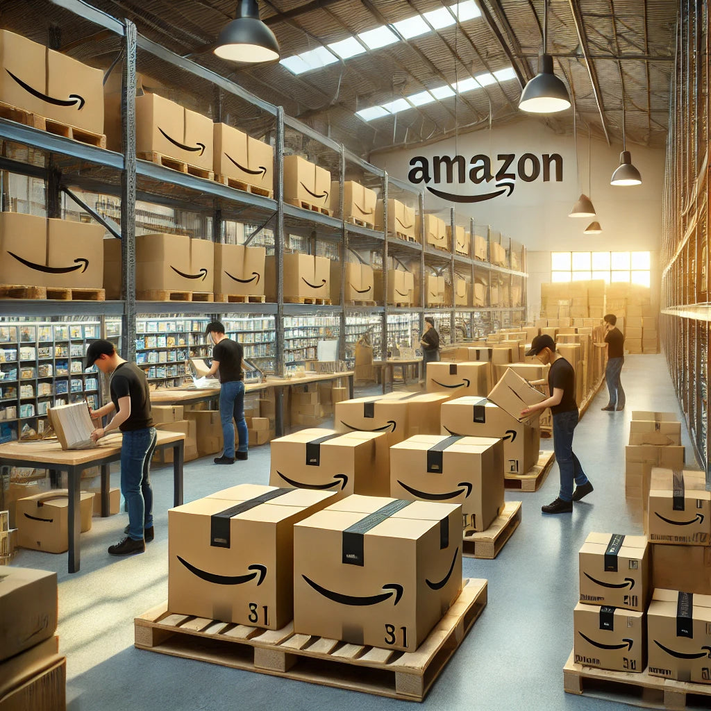 A modern warehouse with Amazon-branded boxes being prepared for shipping. Workers organize products and arrange boxes on pallets in a clean and efficient environment, with shelves stocked in the background.