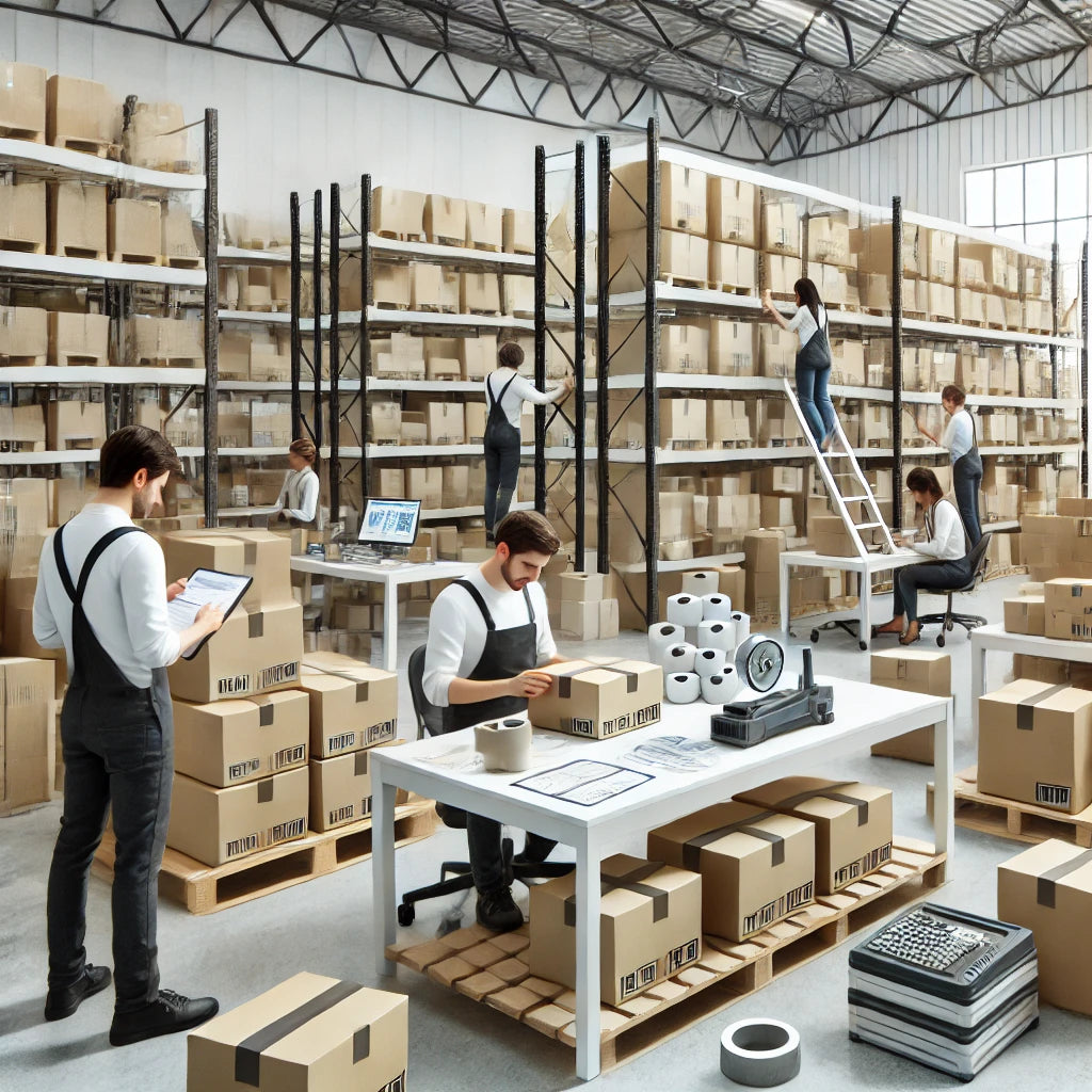 Warehouse staff organizing packages on shelves and labeling boxes, preparing items for shipment in a clean, efficient fulfillment center environment.