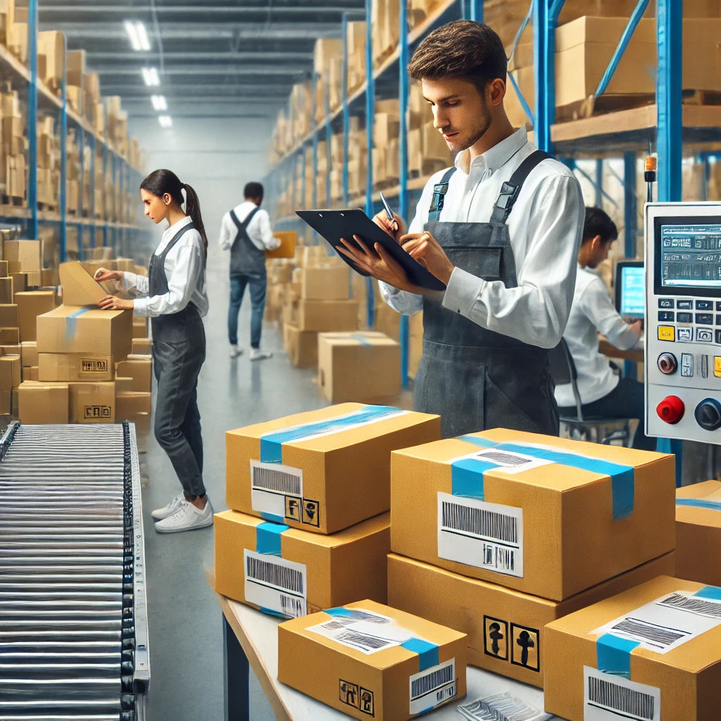 Workers in a professional warehouse environment handling packages, labeling, and preparing products for shipment, illustrating the efficiency of FBA prep services in streamlining order fulfillment for Amazon businesses.